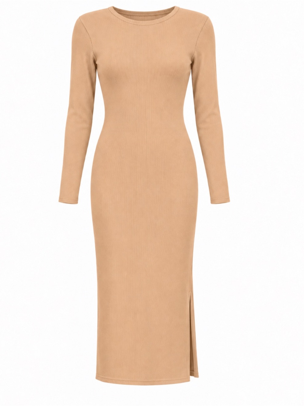 PrettyLittleThing Beige Ribbed Long Sleeve Maxi Dress Size 4 Bodycon